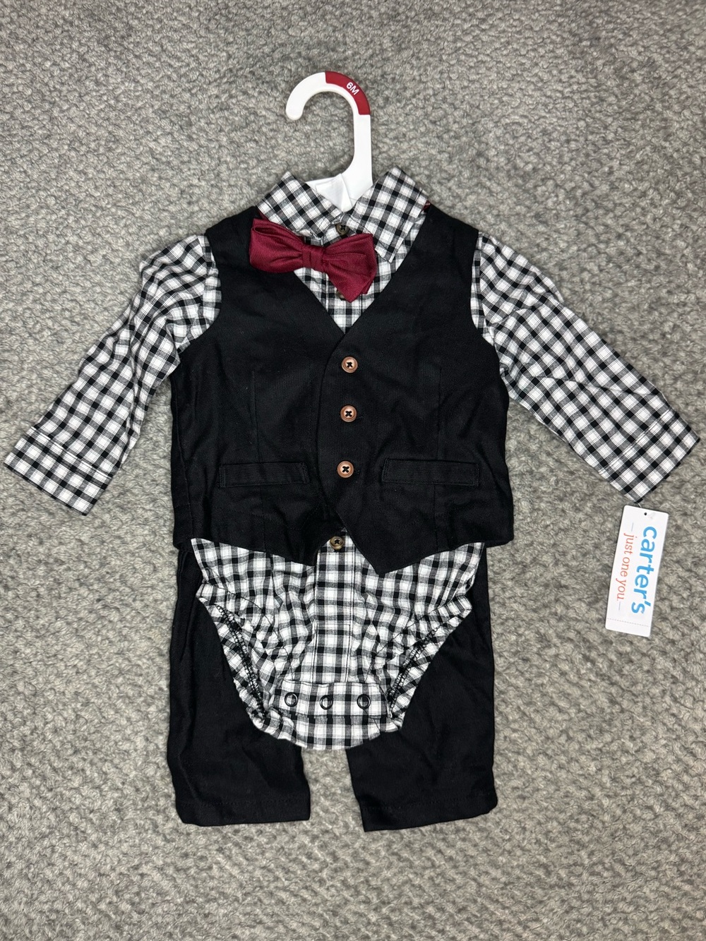 Carter’s Baby Boy 4pc Outfit Set - Long Sleeve 1pc, Vest, Bow tie, & Pants 6M
